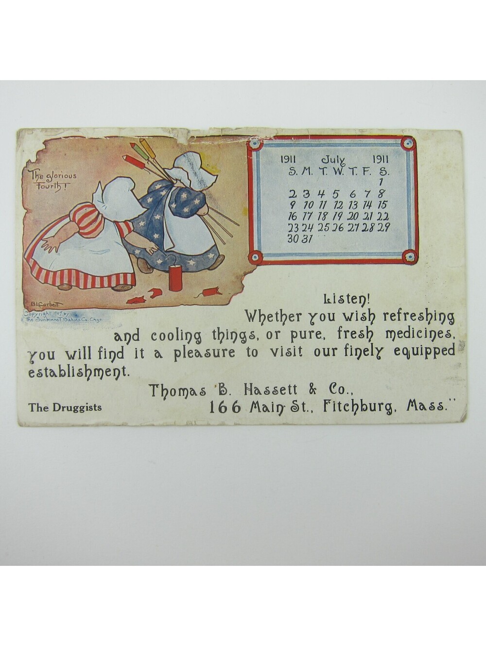 Postcard Sunbonnet Babies 4th of July Fireworks 1911 Calendar Antique